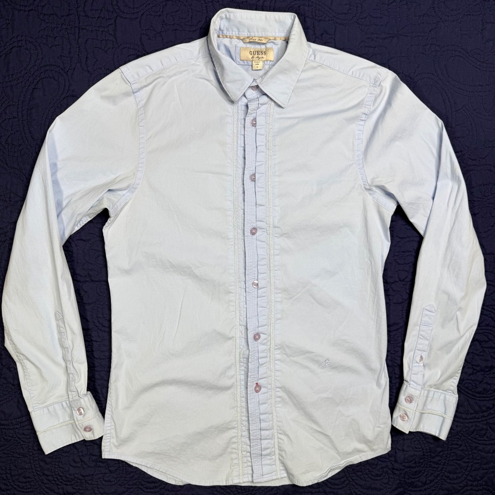 Guess Los Angeles Mens Light Blue‎ Pleated Tuxedo Button Down Shirt Small Read